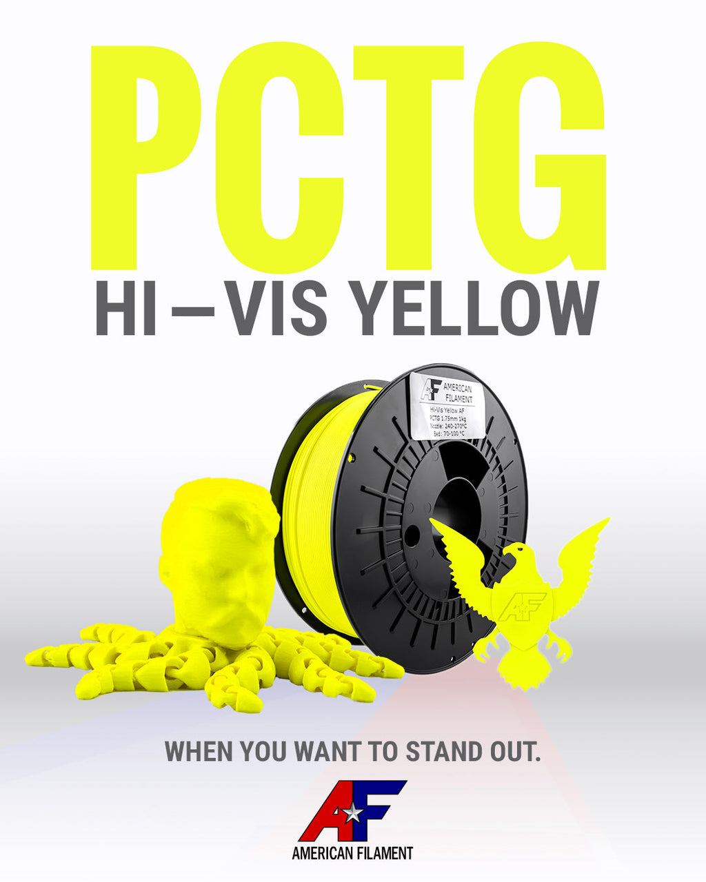Hi-Vis Yellow AF 1.75mm PCTG Filament Made in the USA!